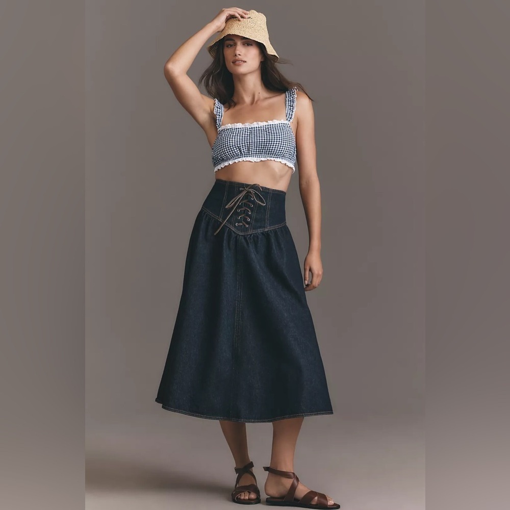 Nwot! Anthropologie Pilcro Lace-Up Drop-Waist Denim Midi Skirt - Multiple